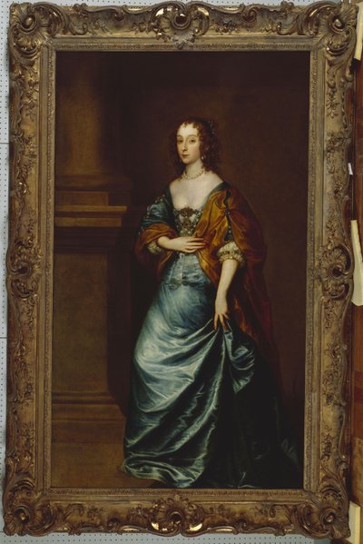 Mary Villiers, Lennox ve Richmond Düşesi, mavi bir elbise ve bir sütunun yanında kahverengi şal by Anthony van Dyck