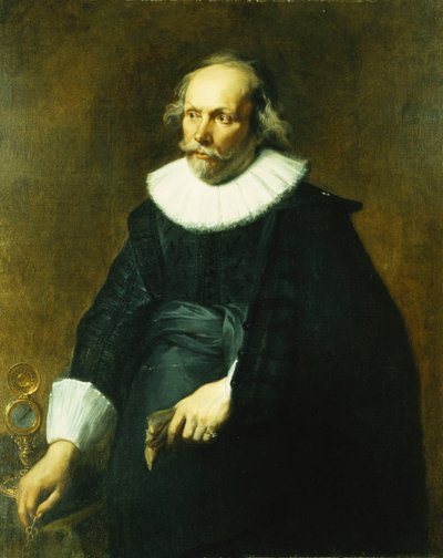 Bir Beyefendinin Portresi, Üç Çeyrek Boy, Siyah Kostümlü, Beyaz Yakalı ve Manşetleri, Saatli Bir Masanın Yanında, by Anthony van Dyck
