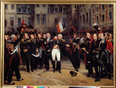 1814'ün tahttan indirilmesi - “” 20/04/1814'te Fontainebleau'daki Cheval Blanc'ın avlusundaki imparatorluk muhafızına Napolyon Bonapart'ın (1769-1821) vedası”” Antoine Montfort (1802-1884) 19. yüzyıl Güneşi. 0,98x1,3 m by Antoine Alphonse Montfort