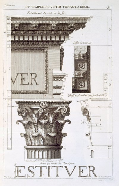 Jüpiter Tonans Tapınağı'ndan (Thunderer) saçak, başlık ve yazıt, 'Les Edifices Antiques de Rome', 1682 by Antoine Babuty Desgodets