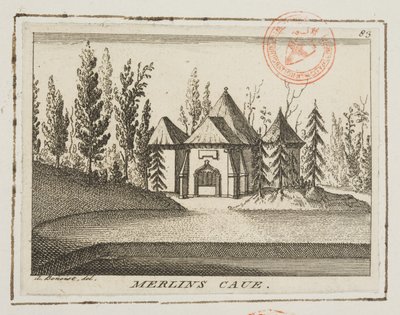 Merlin Mağarası'nın görünümü, Kew Bahçeleri, 'Lysons' Environs of London'dan bir çizim, c.1750 (gravür) by Antoine Benoist