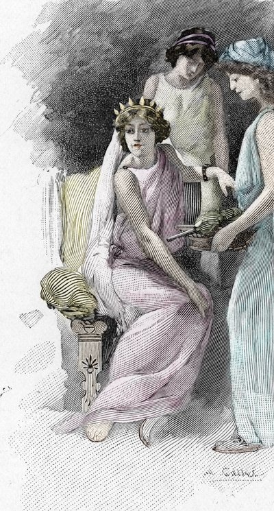 Odyssee d'Homere: Chant IV: Helene, takipçileriyle çevrili (Homer tarafından Odyssey: Helen ve hizmetkarları) Yunan şair Homere'nin “Odyssee” için Antoine Calbet'nin (1860-1944) illüstrasyonu (Homer tarafından Odyssey) 1897 Özel koleksiyon by Antoine Calbet