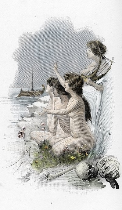 Odyssee d'Homere: Chant XII: Odyssey, Homer: Odysseus ve normalde yoldan geçen denizcilerin kayalara doğru yönelmelerine neden olan büyüleyici bir şarkı söyleyen sirenler, sadece kayalara çarpıp batmalarına neden oldu. L'odyssee”” kaynağından by Antoine Calbet