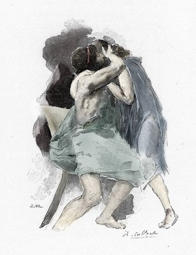 Odyssee d'Homere: Chant XVI: les reunion d'Ulysses et de Telemaque (Homer tarafından Odyssey: Telemachus ve Odysseus'un buluşması) Yunan şair Homere'nin “Odyssee” için Antoine Calbet'nin (1860-1944) illüstrasyonu (Homer tarafından Odyss by Antoine Calbet