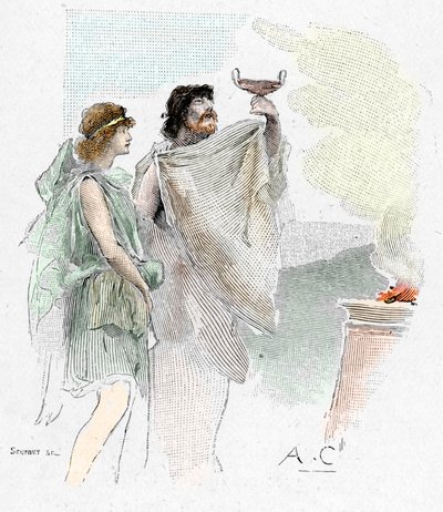 Odyssee d'Homere: “”” Nestor oğlu Pisistrate, Pylos'ta bir Telemaque'a bir bardak şarap teklif eder” (Nestor'un oğlu Peisistratus (Peisistratos veya Pisistratus), Pylos'ta telemachus'u bir bardak şarapla karşılar) İllüstrasyon, Anto by Antoine Calbet
