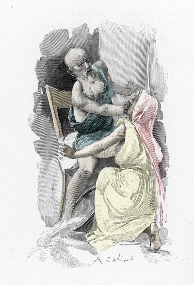 Odyssee d'Homere: Şarkı Söylemek 19 “” Ulysses deguise en begdiant, onu tanıyan yaşlı Euryclee'yi sessiz kalmaya mecbur ediyor” (Homer tarafından Odyssey: Dilenci kılığına giren Odysseus, onu tanıyan Eurycleia'ya sır saklamaya yemin eder) Antoi by Antoine Calbet