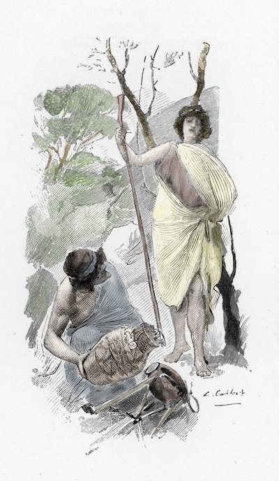 Odyssee d'Homere: ilahi XIII: Athena deguisee, genç bir çoban olarak Ulysses a Ithaque'ı karşılar (Homer tarafından Odyssey: Odysseus, Ithaca'ya döner ve çoban çocuğu kılığında Athena ile tanışır) Antoine Calbet'nin (1860-1944) “Odyssee” iç by Antoine Calbet