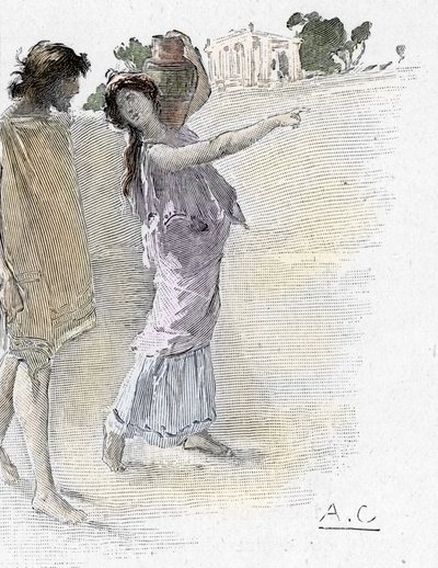 Odyssee d'Homere: şarkı VII: Homeros'tan Odyssey: Alcinoos (Alkinous) sarayına genç bir kız kılığında gelen Athena'nın yardım ettiği Odysseus) Yunan şair Homere'nin (Dyssey) “Odyssee” için Antoine Calbet'nin (1860-1944) illüstrasyonu Ho by Antoine Calbet