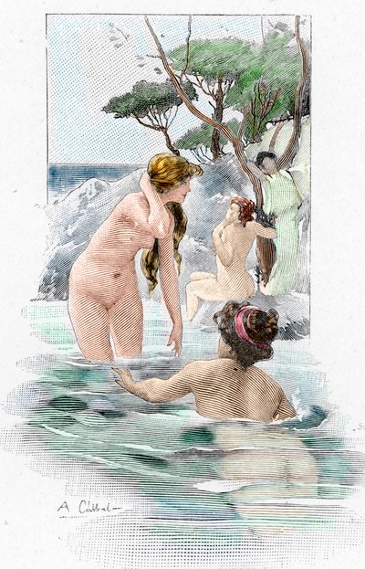 Homere Odyssee: “Kral Alcinous'un kızı Nausicaa ve nehirde çamaşırlarını yıkayan hizmetçileri” Yunan şair Homere'nin “Odyssee” için Antoine Calbet'nin (1860-1944) illüstrasyonu (Homer tarafından Odyssey) 1897 Özel koleksiyon by Antoine Calbet