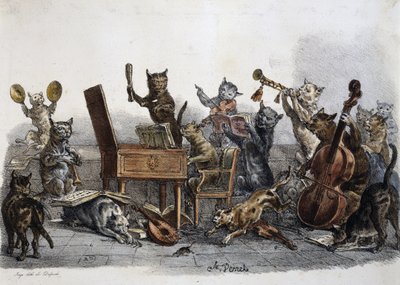 Amatör bir konser, müzik aletleri çalan kedilerin karikatürü, Carle Vernet (1758-1836), Fransa tarafından gravür by Antoine Charles Horace Vernet