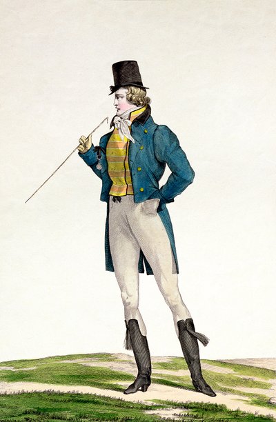 Çocuksu bukleler, örgü pantolonlar ve binici çizmeleri ile Robinson şapkalı bir Dandy, Incroyable et merveilleuse moda plakaları serisinde plaka 5, Georges Jacques Gtine (1773-1831) tarafından oyulmuş by Antoine Charles Horace Vernet