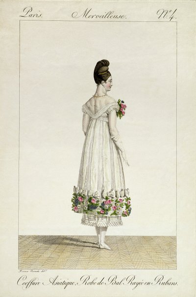 Kurdelalarla süslenmiş balo elbisesi içinde Asya saç stiline sahip bir Lady, Georges Jacques Gatin (1773-1831) tarafından oyulmuş moda plakalarının 