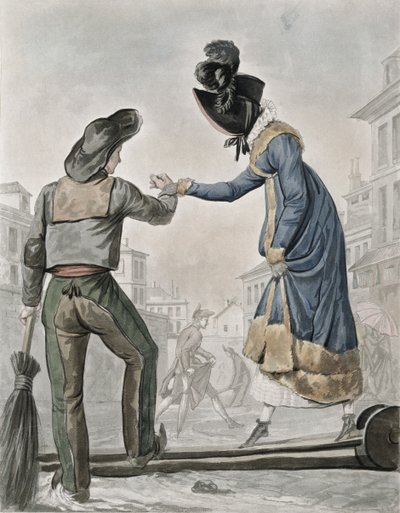 Kirli bir caddede bir iskeleyi geçmesi için bir sokak süpürücüsüne para ödeyen bir kadın by Antoine Charles Horace Vernet