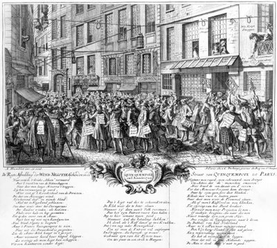 Investors in front of the Banque Royale headquarters in the Rue Quincampoix, Paris, 1720  by Antoine Humblot