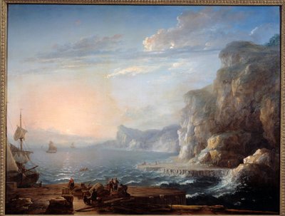 Günbatımı Denizde kayalıklardan ve kayalıklardan oluşan bir manzara, ön planda balıkçılar. Antoine Lebel (1705-1793) 18. yüzyıl Güneşi tarafından yapılan resim. 0,9x1,16 m Rouen, Güzel Sanatlar Müzesi by Antoine Lebel