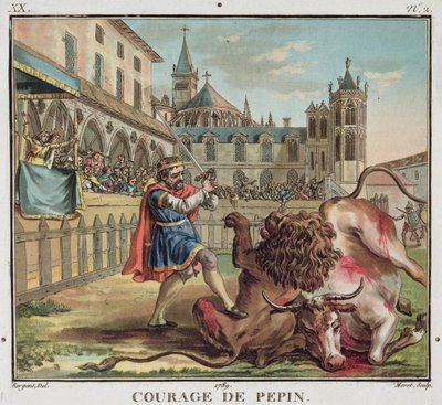 Pepin'in Cesareti (714-68), Jean Baptiste Morret (fl. 1790-1820) tarafından oyulmuş, 1789 (renkli gravür) by Antoine Louis Francois (after) Sergent Marceau