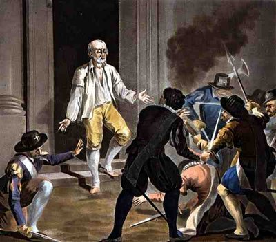 Gaspard de Coligny'nin Ölümü, Jean Baptiste Morret tarafından oyulmuş (fl.1790-1820) 1788 (renkli gravür) by Antoine Louis Francois (after) Sergent Marceau