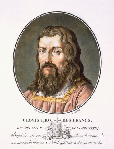 Clovis I, Pierre Blin, 1786-92, Paris (renkli gravür) tarafından yayınlanan 'Fransa'nın büyük adamlarının, şanlı kadınların ve unutulmaz konularının portreleri, renkli olarak oyulmuş ve basılmıştır' by Antoine Louis Francois Sergent Marceau