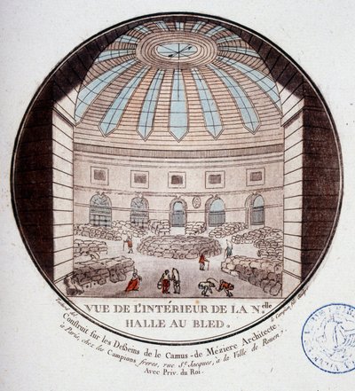 1763 ve 1766 yılları arasında Le Camus de Mézières tarafından inşa edilen yeni pazar salonunun iç görünümü, bugün Paris