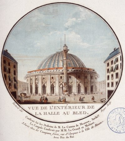 Buğday piyasasının dışarıdan görünümü, Le Camus de Mézières tarafından 1763 ve 1766 yılları arasında inşa edilen Paris, bugün Paris