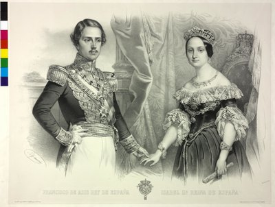 İspanya Kraliçesi ve eşi Franz Isabella II (litografi) by Antoine Maurin