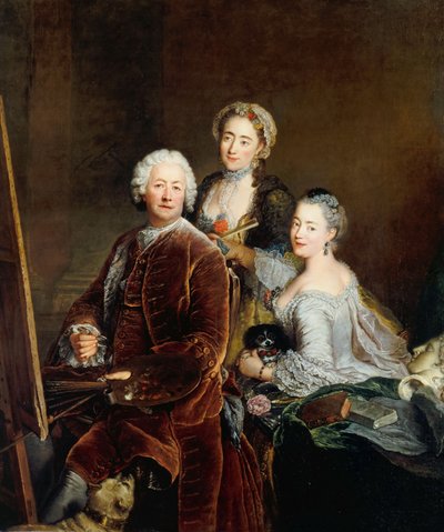Kızları Henriette Royard ve Marie de Rège ile şövale önünde otoportre by Antoine Pesne
