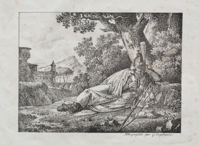 Litografik denemelerin toplanması: Dumanlı ejderha bir ağacın dibinde yatıyor, 1822. by Antoine Pierre Mongin