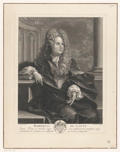 Robert de Cotte'nin portresi, klasik mimaride bir kitaba yaslanmış Robertus De Cotte (nesne üzerindeki başlık) by Antoine Trouvain