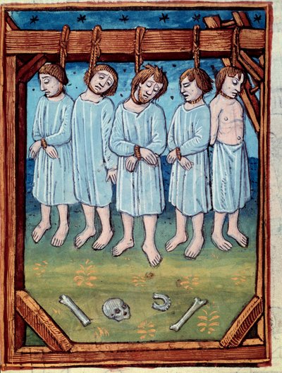 Beş adam asıldı. Minyatür "" Chronicles de Saint Denis" Paris, Antoine Verard by Antoine Verard