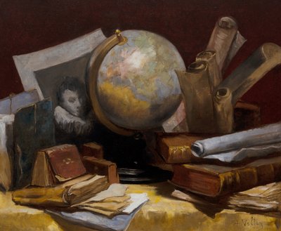 Dünya haritası, kitaplar ve parşömenlerle natürmort by Antoine Vollon
