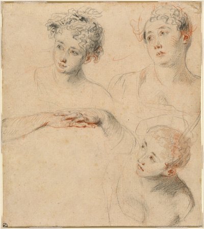 Bir Kadının Başının Üç Çalışması ve Ellerin Bir Çalışması [rekto] by Antoine Watteau