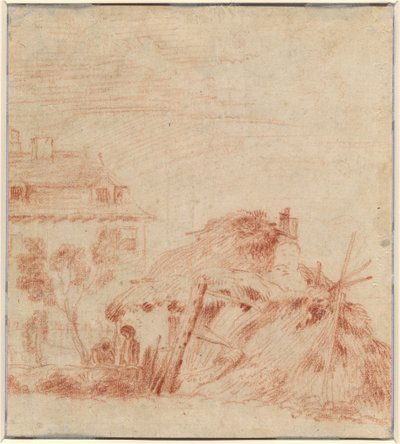 Bir Evin, Bir Kulübenin ve İki Figürün Görünümü [verso] by Antoine Watteau
