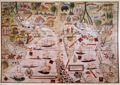Indes Portekiz deniz atlası. 1519'da Pierre ve Georges Reinel, Lopo Homem (haritacılar) ve Antoine de Hollande (nakkaş) tarafından yapılan Atlas Miller el yazmasının sayfası. 16'ncı yüzyıl. Paris, B N. by Antoine de Hollande