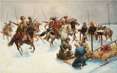 Kazaklarla kış manzarası (posta teslimi) - Tablo Adolf Baumgartner Stoiloff (Baumgartner-Stoiloff) (1850-1924), tuval üzerine yağlı boya, 82x130 cm - Özel koleksiyon by Anton Baumgartner Stoiloff
