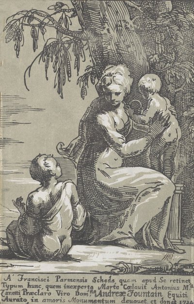 Bir Ağacın Dibinde Duran Bir Bebek Tutarak Oturan Bir Çocukla Bir Kadın, 1724. by Anton Maria Zanetti