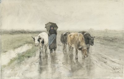 Yağmurda Köy Yolunda İnekleri Olan Bir Çoban Yağmurda köy yolunda inekleri olan bir çiftçinin karısı. by Anton Mauve