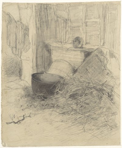 Saman ve çeşitli nesnelerle dolu bir ahırın içi by Anton Mauve