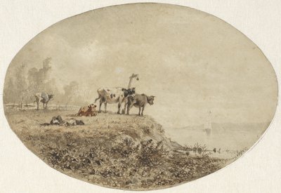 Suyun yanında inekler, uzakta bir yelkenli gemi by Anton Mauve