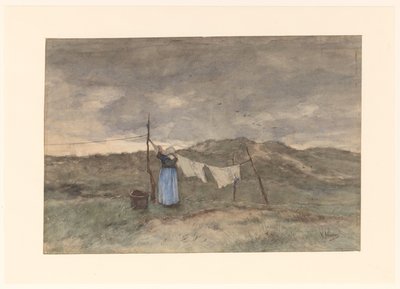 Kum tepelerinde bir çamaşır ipindeki kadın by Anton Mauve