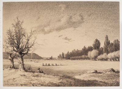 Uzakta bir ormanla açık manzara. bordo by Anton Melbye