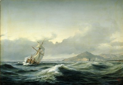 Dalgalı denizde yelkenli gemi ile deniz manzarası. Arka planda kayalık bir sahil by Anton Melbye