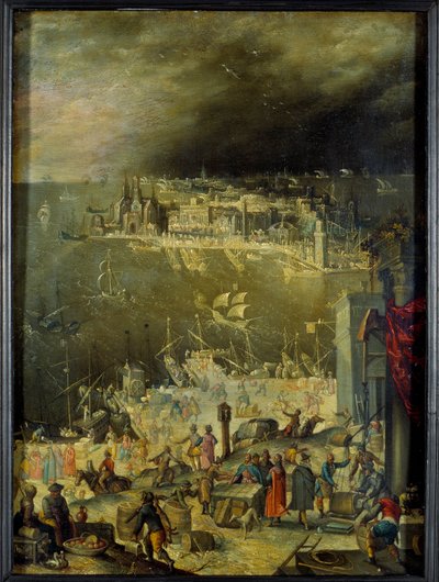Liman görünümü Ticari faaliyetlerin, malların boşaltılmasının, liman rıhtımlarındaki işlemlerin temsili. Anton Mozart
