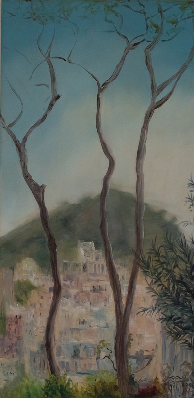 İtalyan ağaçları, Almafi sahili, 2018 (tuval üzerine yağlı boya) by Antonia Myatt