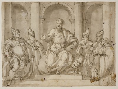 St Mark, dört köpek ve elinde bir köpek şapkası olan bir adamla çevrili. by Antonio Aliense