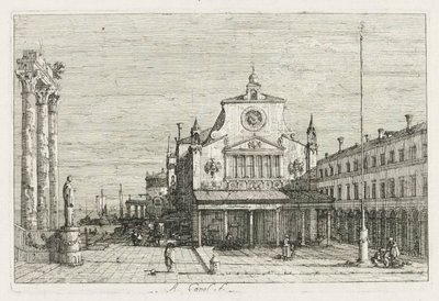 Manzara: Deniz Kıyısında Üç Sütun ve Bir Heykel, 1735-1746. by Giovanni Antonio Canal