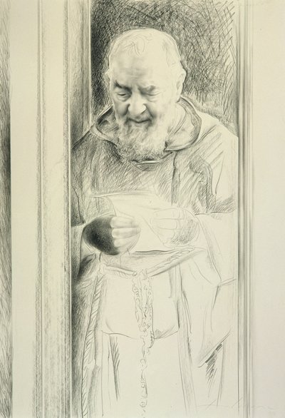 Padre Pio Reading, 1988-89 (kağıt üzerinde karakalem) by Antonio Ciccone