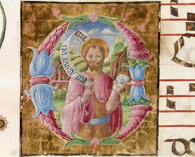 Antonio Cicognari tarafından aydınlatılan Aziz John the Baptist Lettrine. Bir antifonaryden detay. 1483. Cremone, koro 4, katedralin bölümü by Antonio Cicognara