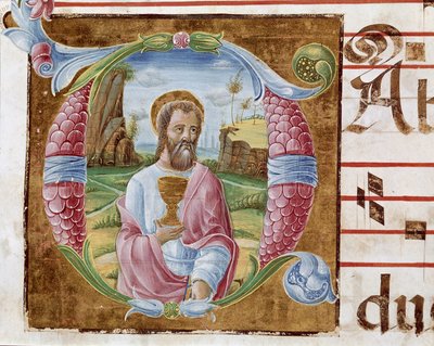 Saint John the Evangelist Lettrine illuminated by Antonio Cicognari. Detail of an antiphonary. 1483. Cremone, choral 4, capitolo del duomo by Antonio Cicognara