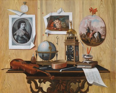 Bir baskı ve iki resim, bir anahtar, bir keman, bir küre, bir saat, bir nota levhası ve bir masadaki diğer nesnelerin trompe l"oeil