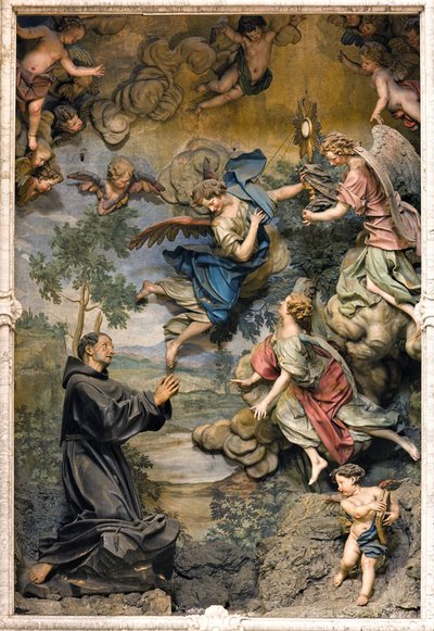 Hayranlık içinde San Pasquale Baylon (oyma ahşap üzerine fresk) by Antonio Maria Maragliano